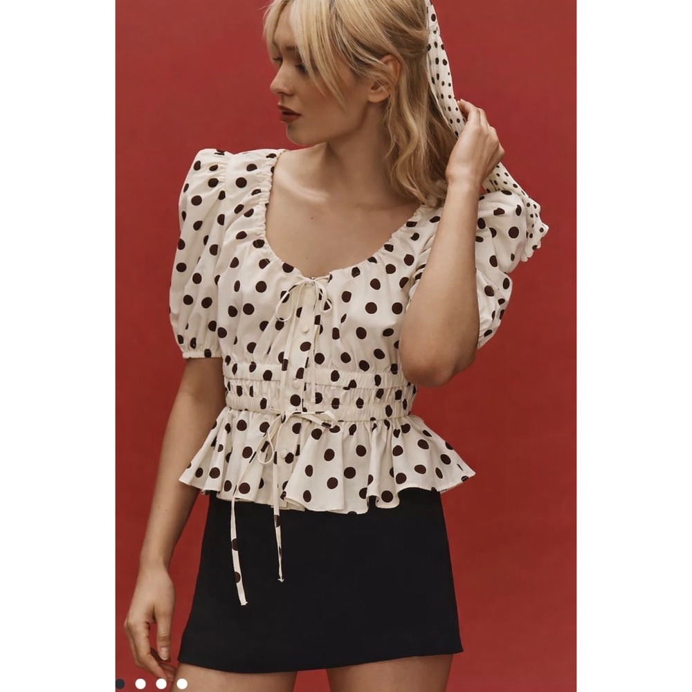 Deane Jamie Peplum Blouse Polka Dot Puff Sleeve Smocked Top Cream Brown SP NEW